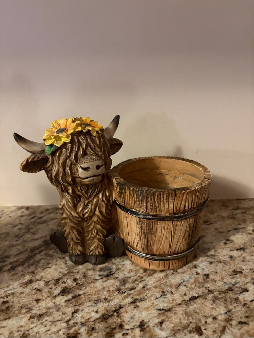 Hobby Lobby Brown Highland Cow Planter with Yellow Sunflowers approx 5 1/2”